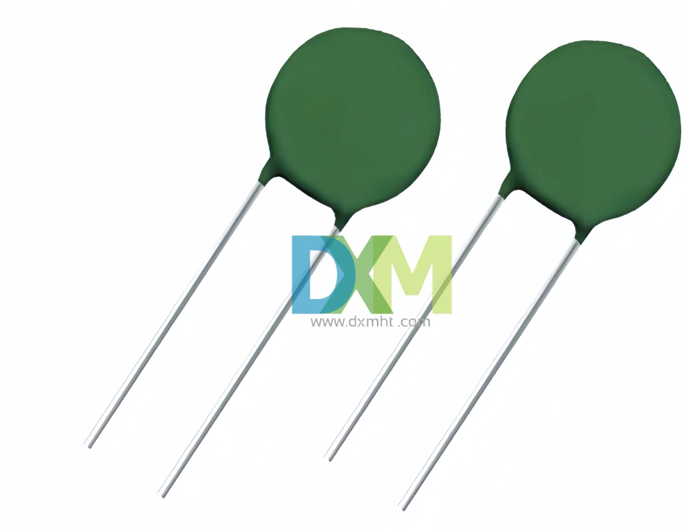 Two NTC Thermistors for Inrush Current Limiting-MF72 D20, green with silver leads, isolated on a white background.