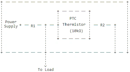 Diagram showing the working mechanism of a 10k PTC Thermistor.  A power supply feeds current through resistors R1 and R2 to the thermistor, which then sends current to the load.