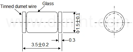 Diagram showing MF58E glass thermistors dimensions. Includes NTC resistor measurements of the cylindrical component and tinned dumet wire leads.