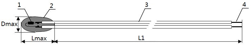 Diagram showing the dimensions of a KTY81 210 Temperature Sensor, including the kty81 210 ' s maximum diameter (Dmax), maximum length (Lmax) and total length (L1).