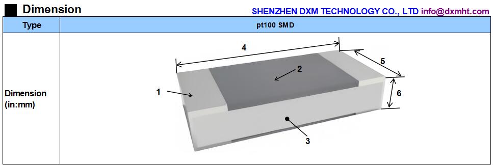 A 3D illustration of an SMD PT100 Temperature Sensor with dimensions labeled 1-6.