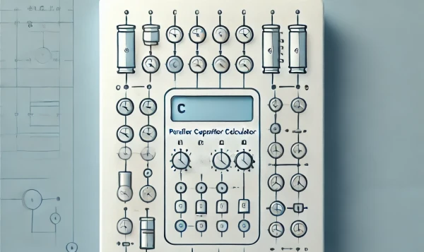 A white calculator with a digital display that reads "Parallel Capacitor Calculator". The calculator has a number of buttons and dials that are arranged in a grid.