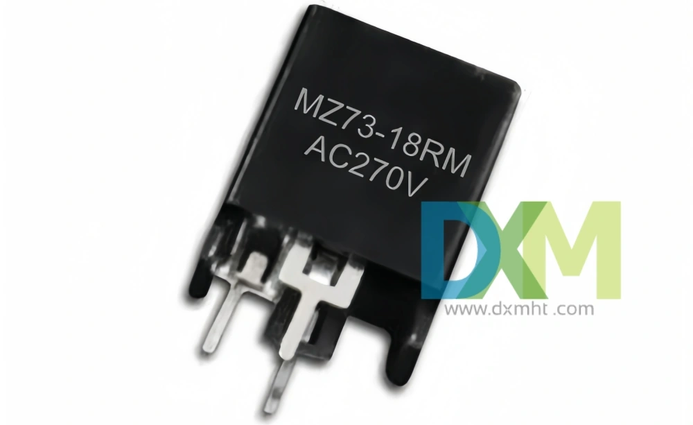 PTC thermistor for degaussing of colour TV, model MZ73-18RM, AC270V.  A close-up shows the black rectangular component with visible terminals.