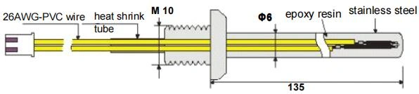 Diagram of a temperature probe for a Soybean milk machine, showing its components including a stainless steel body and epoxy resin.