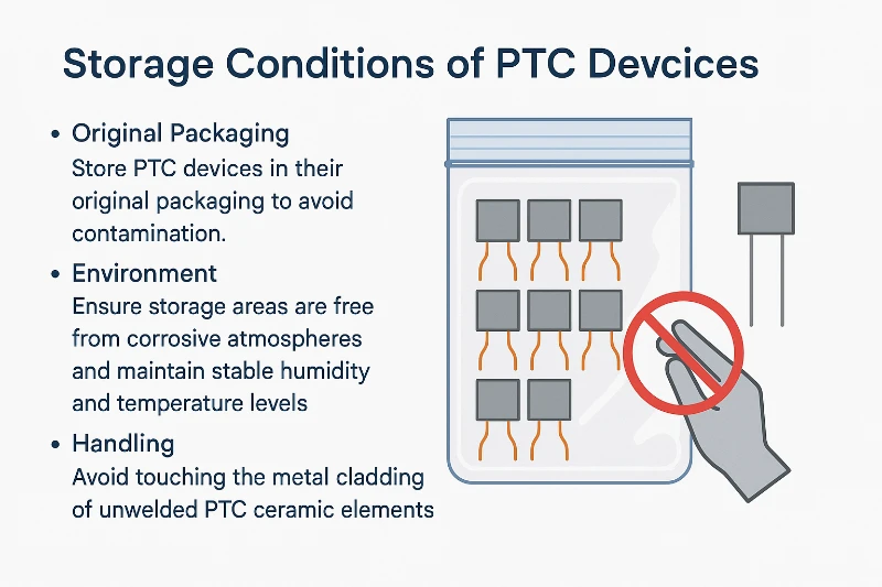 Almacenamiento adecuado de dispositivos PTC: detalles de termistores PTC y elementos cerámicos.