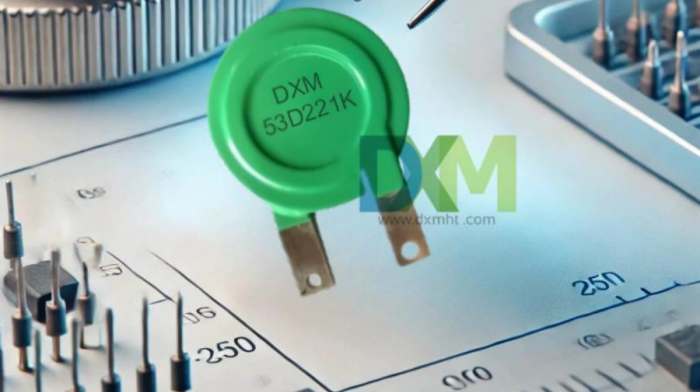 A green metal oxide varistor with the code "DXM 53D221K" printed on it. The varistor is laying on a white surface with a circuit board in the background.