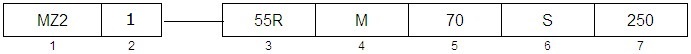 A diagram showing the marking number rules of PTC Termistor MZ21 series with 55R, M, 70, S and 250 in individual boxes.