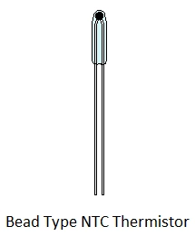 A line drawing of a Bead Type NTC Thermistor, a type of temperature sensor with a bead-shaped sensing element.