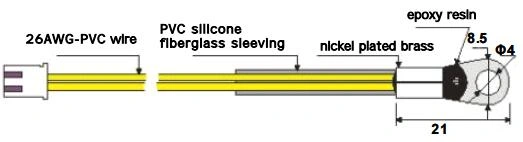 Diagram of a temperature sensor. with a 26AWG-PVC wire, PVC silicone fiberglass sleeving, nickel plated brass, and epoxy resin. It is induction cooker sensor.