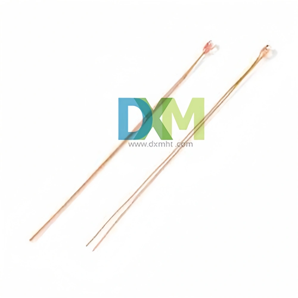 Two glass thermistors MF58D, with exposed sensing tips, on a white background.