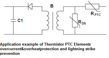 A schematic diagram illustrating an application example of Thermistor PTC Elements for overcurrent & overheat protection and lightning strike prevention.