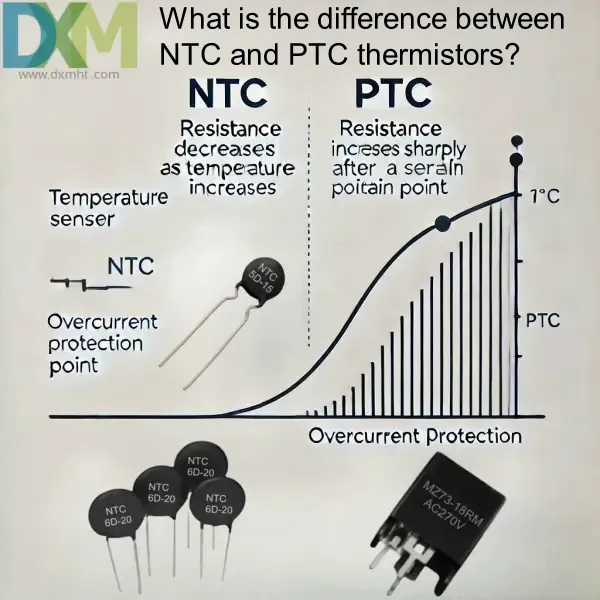 Diagram comparing NTC and PTC thermistors, illustrating how resistance changes with temperature. It answers the question, "what is the difference between NTC and PTC thermistors?"