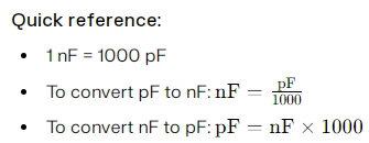 pF to NF capacitance chart quick reference pF to nF capacitance chart quick reference: Conversion formulas and 1nF = 1000pF.