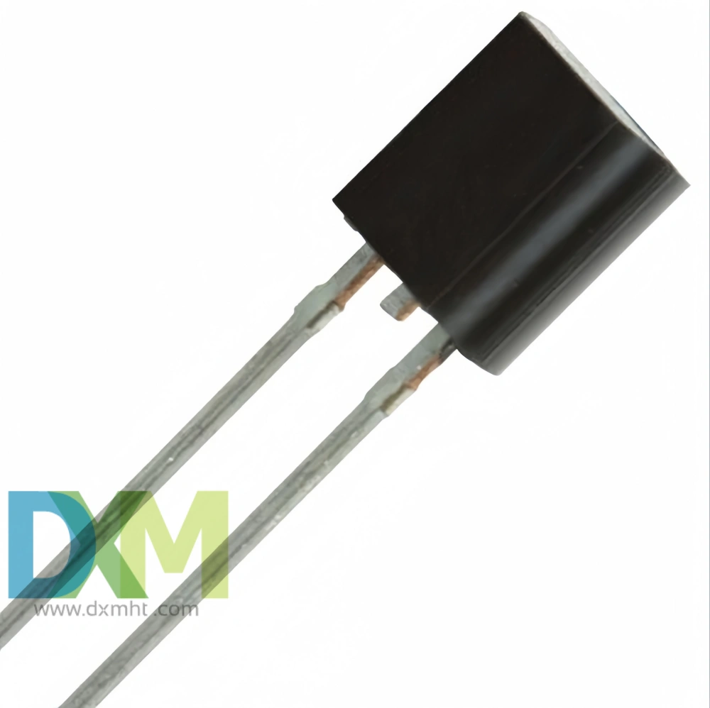 KTY81-110, linear PTC thermistor with two leads. The PTC thermistor is black and rectangular shaped.