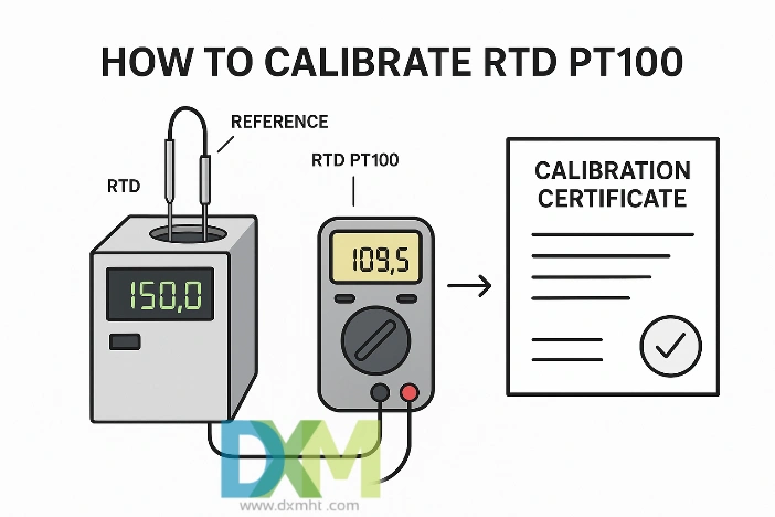 Diagram of how to calibrate RTD PT100 for temperature measurement.