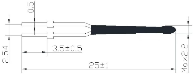 Thermal Sensor MF52X Dimension diagram showing detailed specifications: 25±1 mm length, 3.5±0.5 mm width, and 0.5 mm height.  This NTC sensor's dimensions are clearly illustrated.