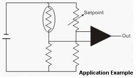 NTC sensors application example showing a circuit diagram with an NTC thermistor sensor, setpoint, and output.