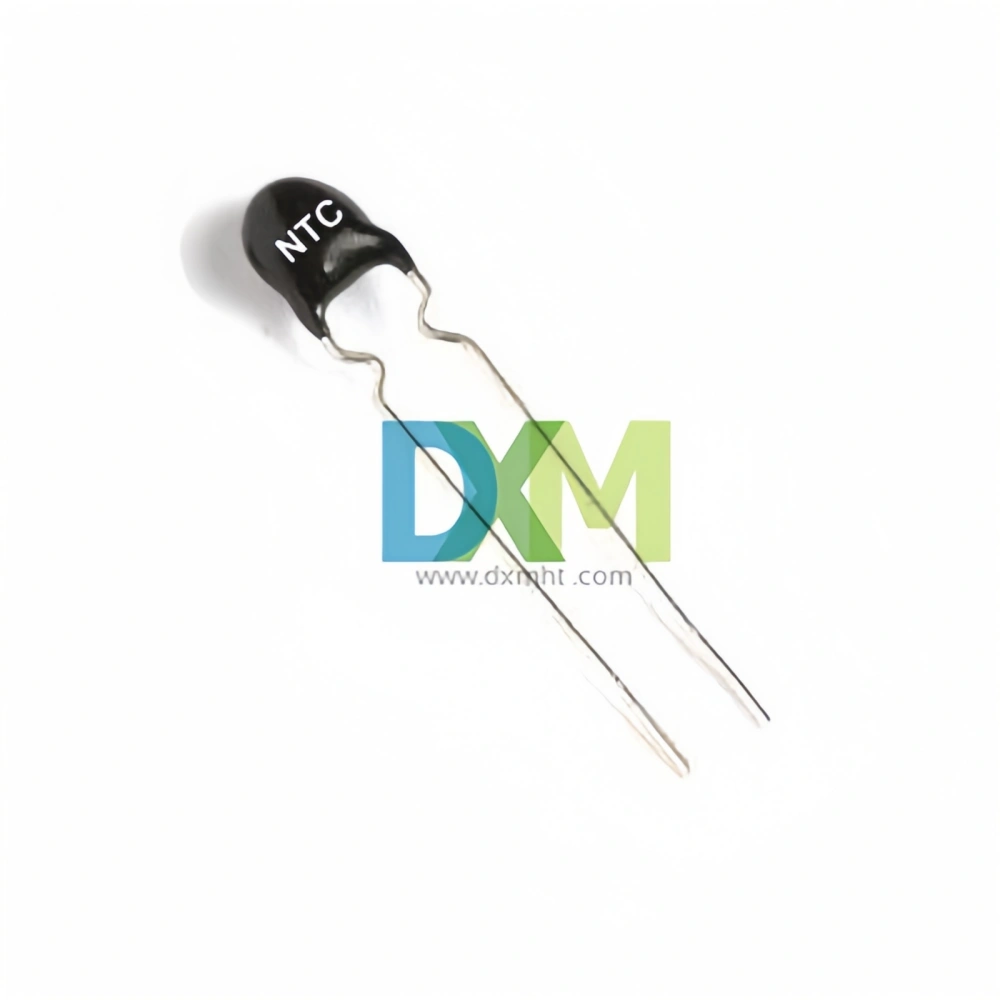 An NTC 10k ohm thermistor with black epoxy coating and two leads.  The thermistor is labeled with "NTC".