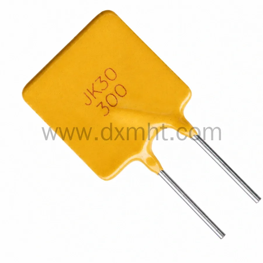 Yellow radial-leaded JK30 300 PPTC Fuse for circuit protection. - DXM