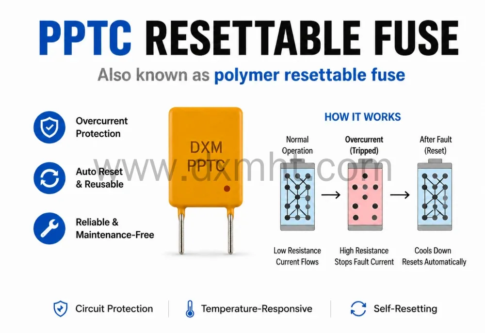 Infographic showing how a PPTC Resettable Fuse provides overcurrent circuit protection. - DXM