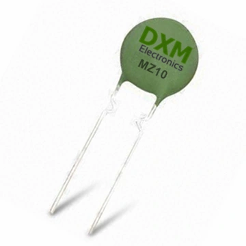 Close-up of a DXM Electronics MZ10 thermistor PTC.  What are PTC thermistors used for?  These components are commonly used in overcurrent protection circuits and temperature sensing applications.