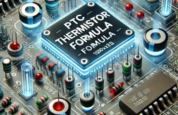 A close-up of a circuit board with a chip that says "PTC Thermistor Formula." The chip is glowing blue.  The board is filled with other electronic components.  The background is a blur of electronic parts and a blue light.