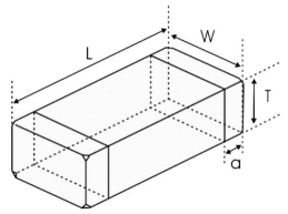 NTC smd sensors Dimensions: A line drawing illustrating the dimensions of a rectangular NTC smd sensor. The dimensions are labeled as "L", "W", "T", and "a".