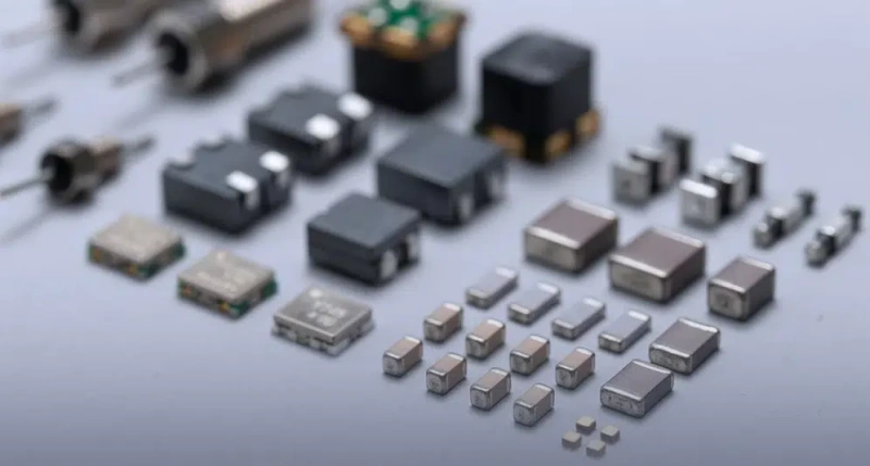 Assorted SMDs (Surface Mount Devices) on a light grey surface.  What does SMD mean?  These tiny electronic components are used in many devices.