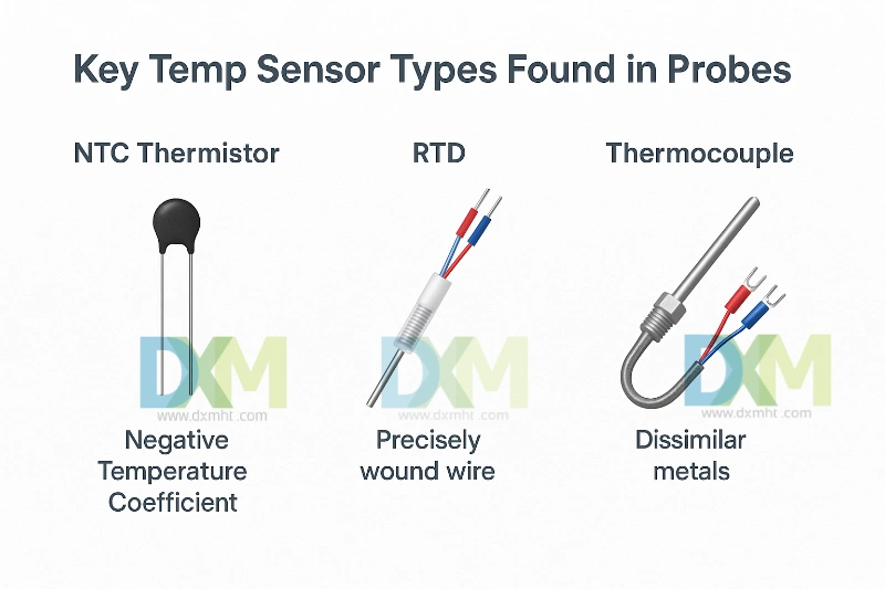 Diagram illustrating temp sensor types of probe temperature sensor used in probes: NTC Thermistor, RTD, and Thermocouple, with brief descriptions of each.
