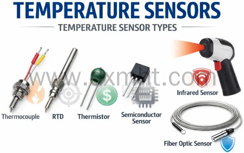 Diagram illustrating various temperature sensors types: Thermocouple, RTD, Thermistor, Semiconductor, Infrared, and Fiber Optic. - DXM
