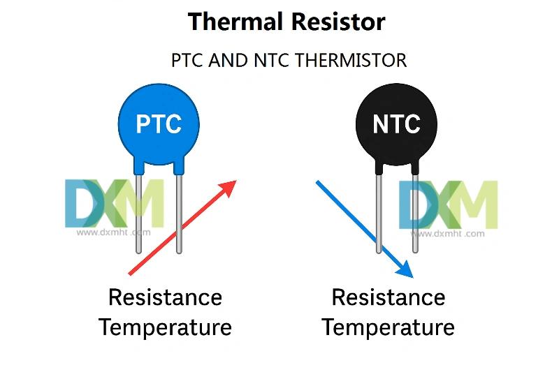 Termal direnç-PTC-ve-NTC-termistör Direncin sıcaklıkla arttığı bir PTC termistörü ile direncin sıcaklıkla azaldığı bir NTC termistörünün termal direnç direnç sıcaklık ilişkisini karşılaştıran çizim.