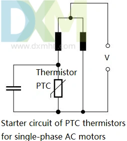 Diagrama que ilustra un termistor PTC en un circuito de arranque para un motor de CA monofásico. ¿Para qué se utilizan los termistores PTC? Este ejemplo muestra su aplicación en el arranque de motores.