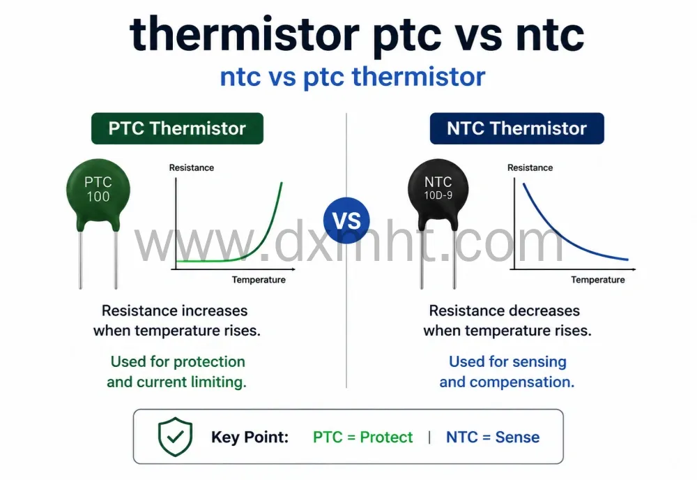 Comparison chart showing thermistor ptc vs ntc resistance curves and applications. - DXM