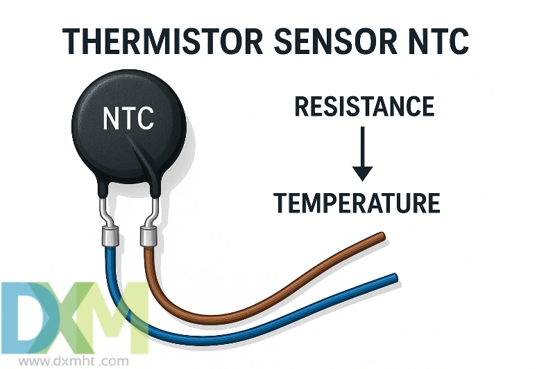 thermistor-sensor-ntc what is a thermistor sensor NTC? Illustration showing NTC thermistor & its resistance change with temperature.