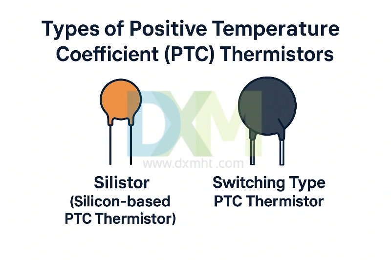 Diagram: Types of Positive Temperature Coefficient ( PTC ) Thermistors: Silistor, Switching Type.