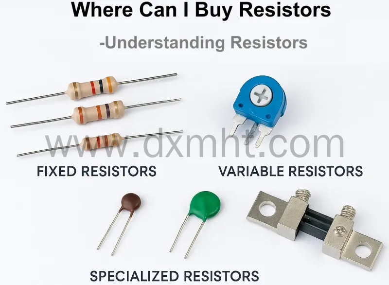 Where can I buy resistors? Types shown: fixed, variable, specialized.