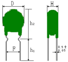 Diagram illustrating the dimensions of a WMZ12A 75S PTC thermistor, including diameter (D), height (H), lead spacing (F), and lead length (h1, h2).