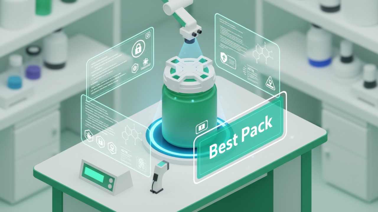 A 3D illustration of a child resistant cannabis jar being inspected in a lab with the Best Pack brand name on a holographic screen.