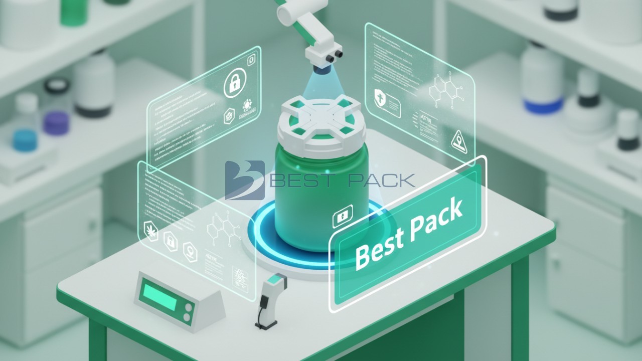 A 3D illustration of a child resistant cannabis jar being inspected in a lab with the Best Pack brand name on a holographic screen.