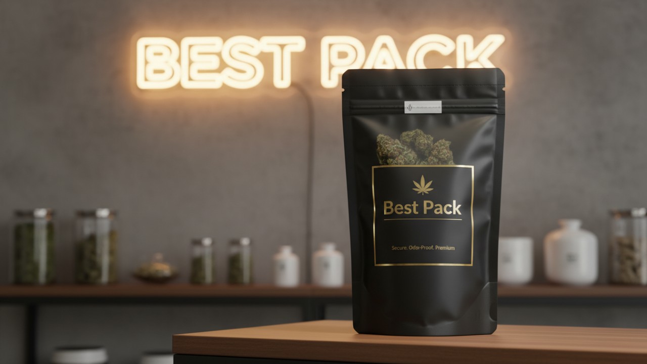 A cinematic illustration of a premium cannabis pouch on a dispensary shelf with a Best Pack neon sign in the background.