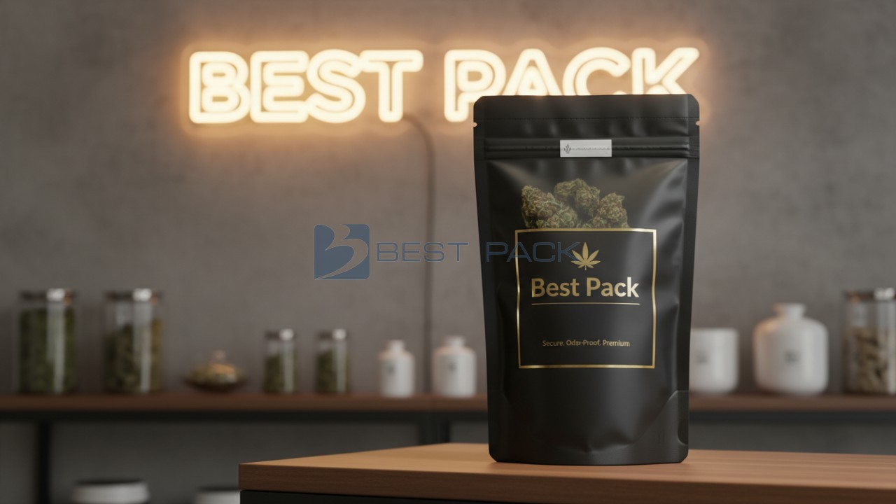 A cinematic illustration of a premium cannabis pouch on a dispensary shelf with a Best Pack neon sign in the background.