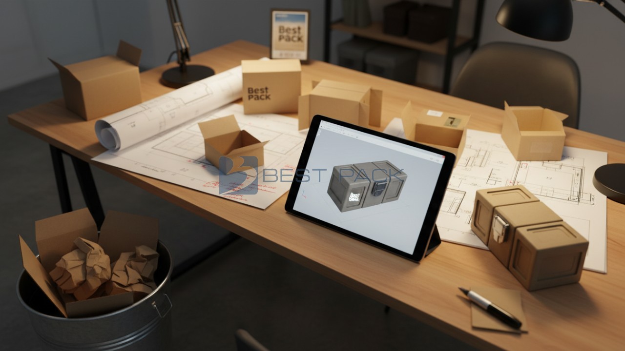 A design workspace showing packaging blueprints and a digital tablet featuring a Best Pack product design.