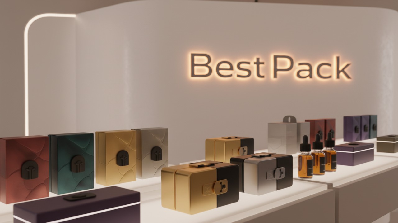 A luxury display of stylish cannabis containers with child resistant features and a glowing Best Pack sign on the wall.