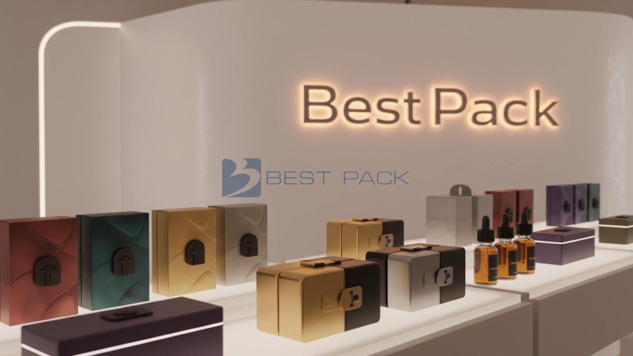 A luxury display of stylish cannabis containers with child resistant features and a glowing Best Pack sign on the wall.