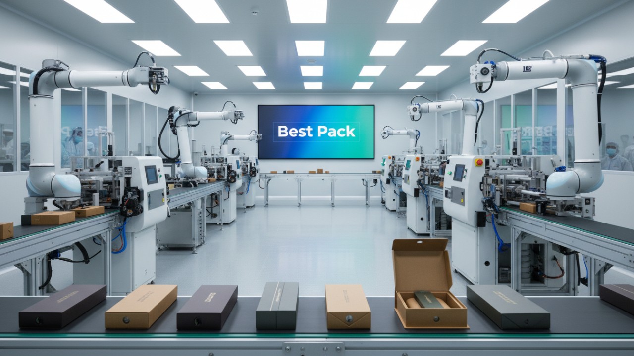 A modern industrial manufacturing facility producing premium packaging with the Best Pack brand name visible on a wall sign.