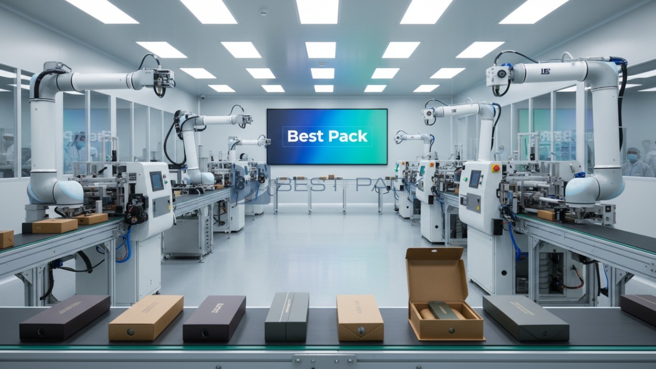 A modern industrial manufacturing facility producing premium packaging with the Best Pack brand name visible on a wall sign.