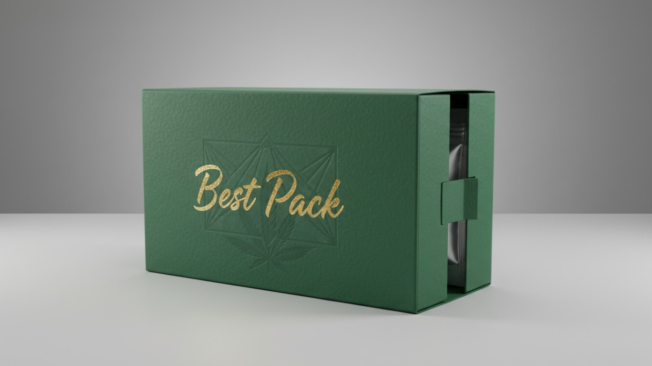 A premium matte green child resistant cannabis box with gold Best Pack branding and a visible locking mechanism