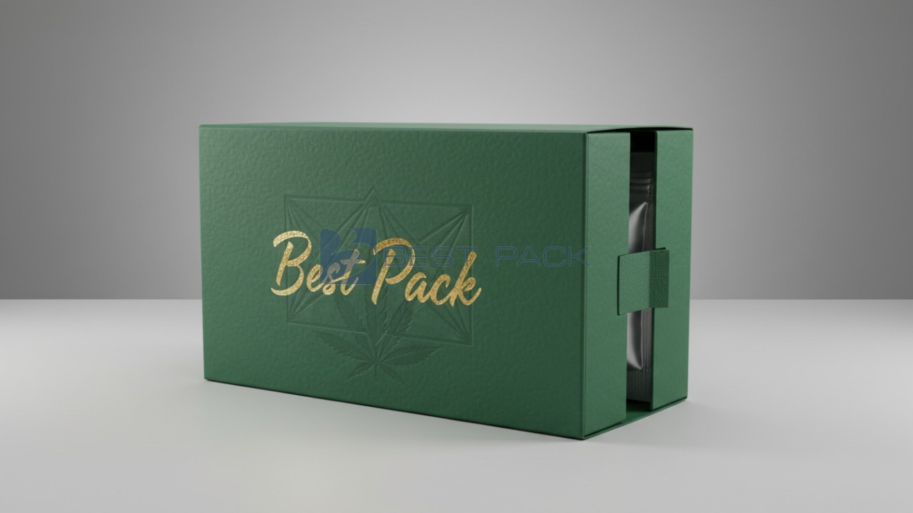 A premium matte green child resistant cannabis box with gold Best Pack branding and a visible locking mechanism