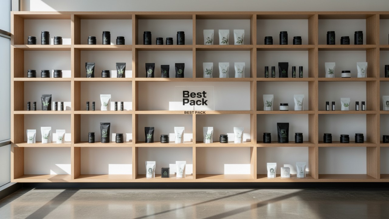A professional display of diverse cannabis packaging products featuring a Best Pack brand plaque