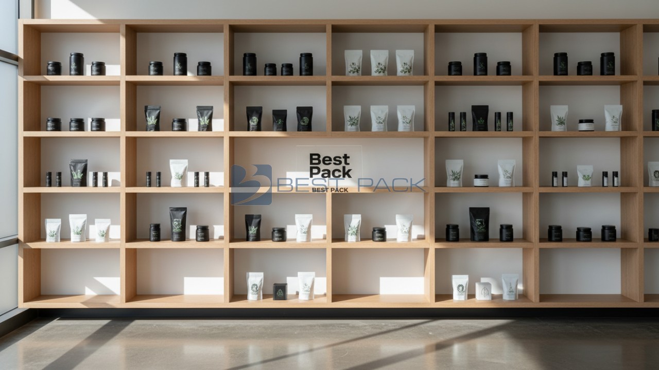 A professional display of diverse cannabis packaging products featuring a Best Pack brand plaque